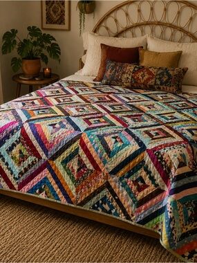 Vintage Handmade Satin String Quilt 62x96 Boho Patchwork Bed Throw